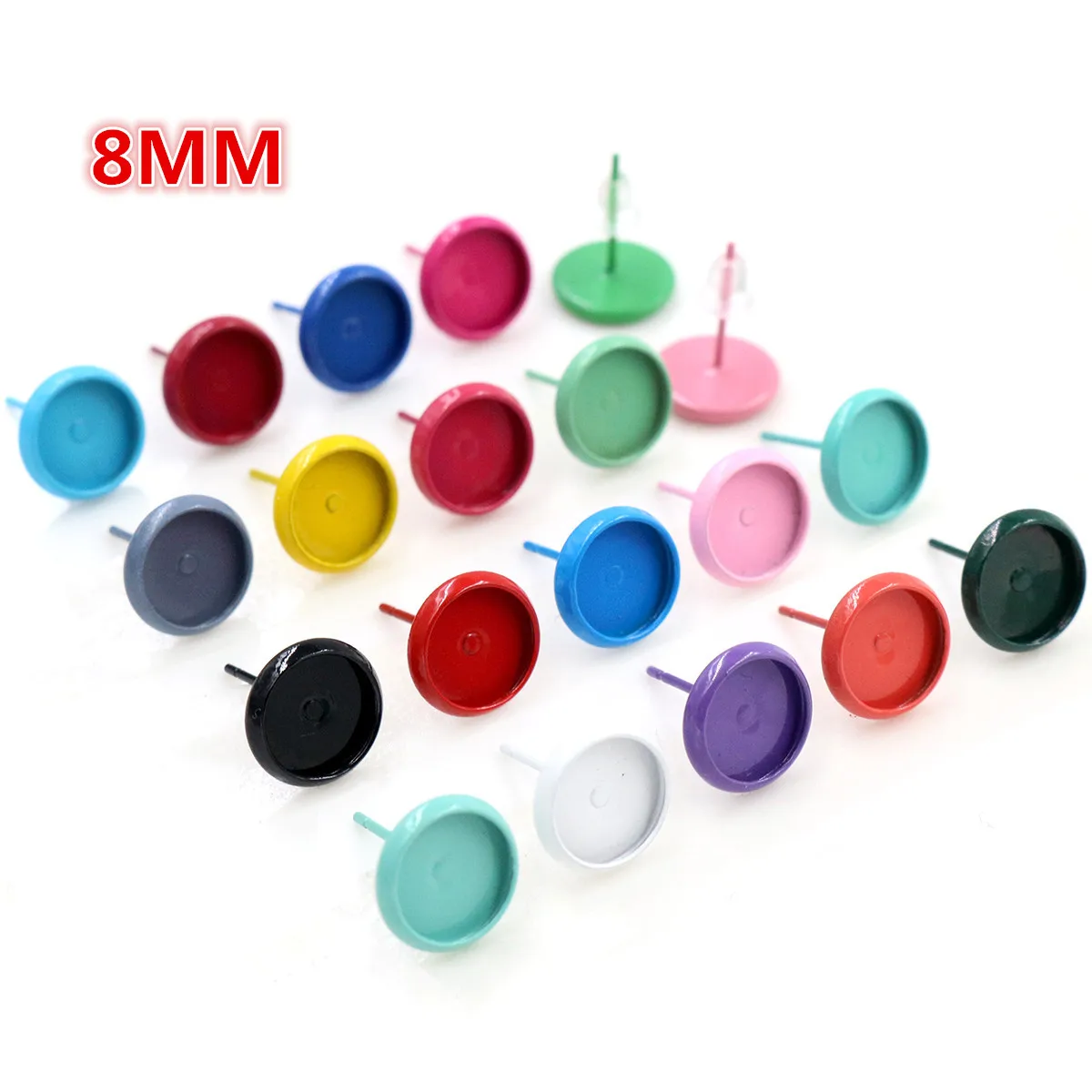 (Nuevos colores) 8mm 10mm 12mm 20 unids/lote 21 colores broches de pendientes plateados, pendientes en blanco/Base, Cabochons de cristal de ajuste