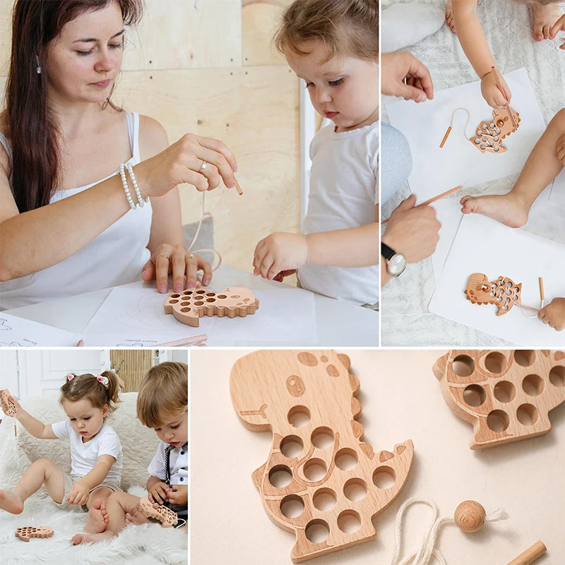 Hochet jouet en bois, planche à enfiler Montessori, blocs en bois pour bébé, planche à enfiler dinosaure, jouet pour enfants, cadeaux