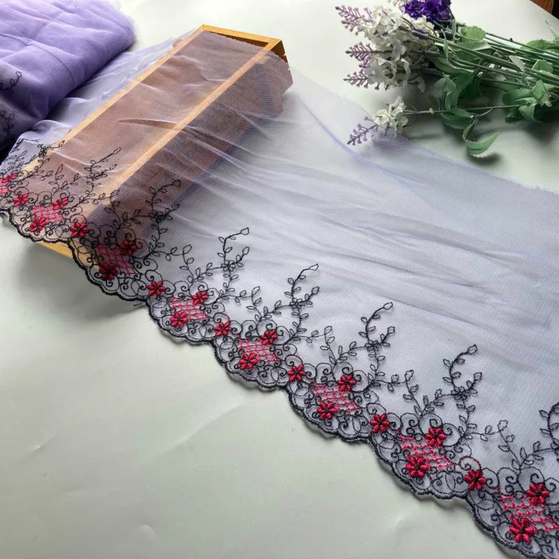 2yds/lot 25 CM Floral Mesh Purple Fluorescent Embroidery High Quality Trim For Garments And Wedding Dress African Lace Fabric