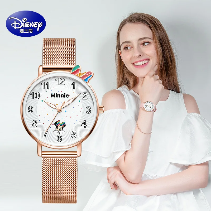 Disney Original Girl Quarz Casual Wrist Watches Micky Mouse White Rose Gold PU New Waterproof Cute Kids Women Student Gift Clock