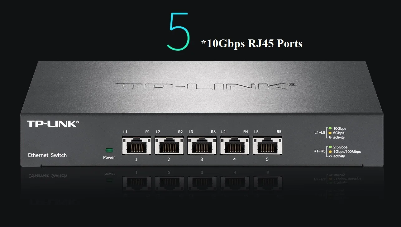 5* 10000Mbps RJ45 Ports 10GBASE-T Ethernet Switch 10 Gigabit Ethernet Network Switch IEEE 802.3an/bz/3ab/3x/1p 32K MAC Plug&Play