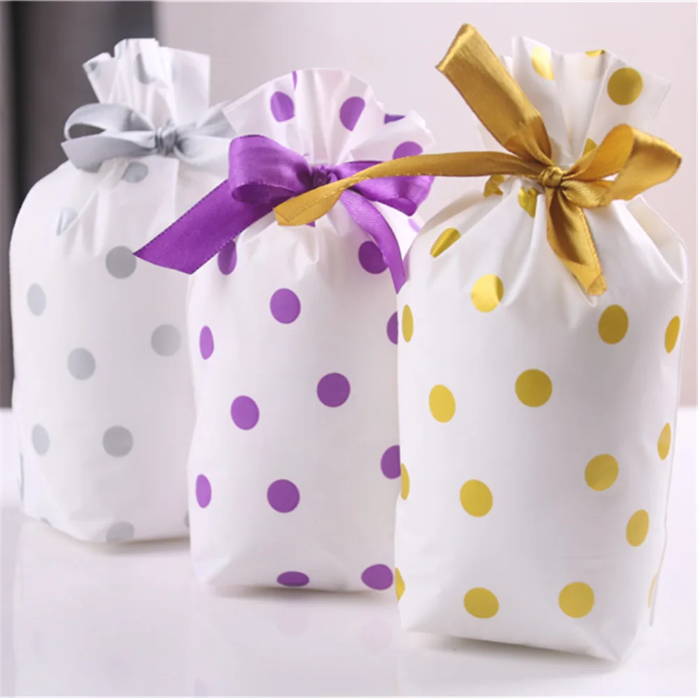 5pcs/lot 12x17cm Plastic Polka Dot Candy Cookie Gift Bag Drawstring Bow Pouch Wedding Birthday Party Christmas Cookies Packaging