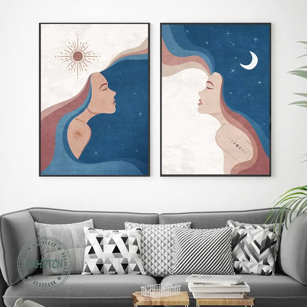 Abstract Sun Moon Canvas Painting Minimalist Boho Prints Blue Hair Woman Side Poster Nordic Wall Art Pictures for Living Room