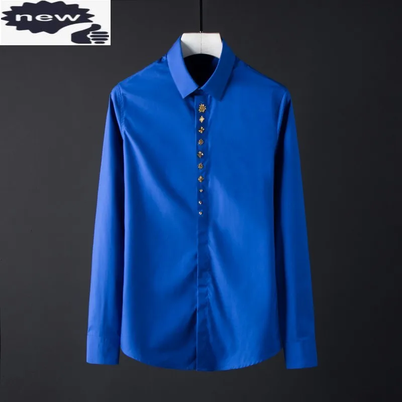 

Designer Mens Rivets Long Sleeve Formal Shirt Groom Wedding Party Dress Shirts Plus Size Business Man 2021 New Top Chemise Homme