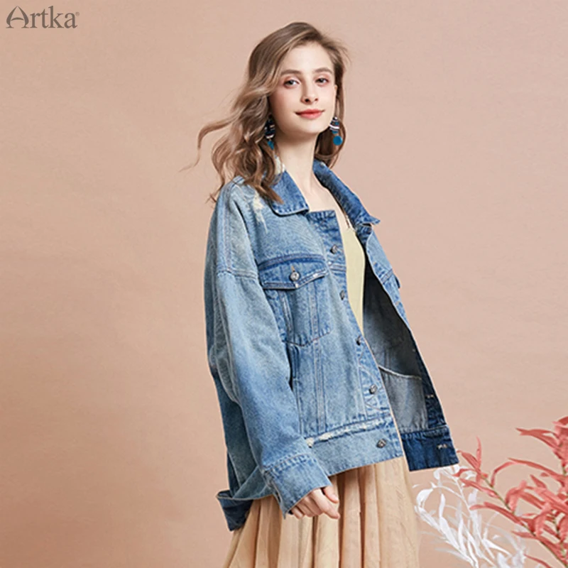 ARTKA 2025 Spring New Women Denim Jacket Fashion Letter Print Streetwear Jacket Shredded Oversize Denim Jackets Women WN10094Q