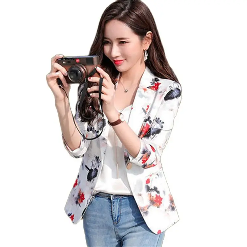 2023 New Summer Women Thin Small Suit Jacket Female Slim Fit, Seven-Quarter Sleeves Printed Suit Jacket Temperament Casual A967