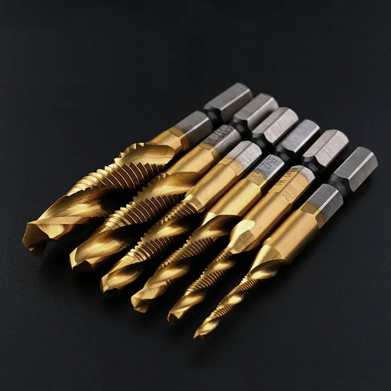 6Pcs Hex Shank Long/Short Silver Titanium Plated HSS Screw Thread Metric Tap Drill Bits Screw Machine Compound tap Hand Tools