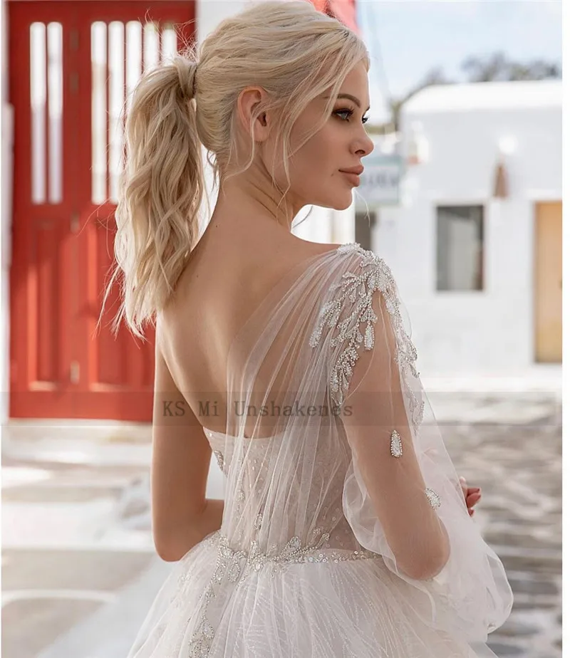 Een Schouder Lange Mouwen Trouwjurken Robe De Mariage Glitter Kralen Kant Bruidsjurken Prinses Vintage Bridal Dress 2021