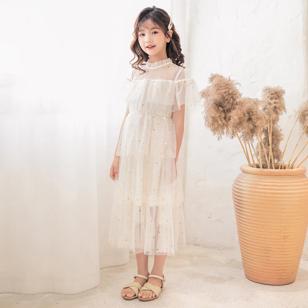 Kids Summer Mesh Dresses for Girls Korean Children\'s Star Princess Dress Short Sleeve Birthday Party Gown Costume 6 8 10 12 Year