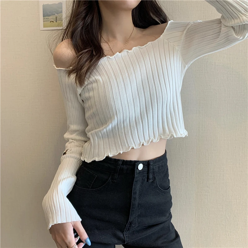 Autumn Slim Pullovers Sweaters Women knitted Full Sleeve Slash Neck Off-the-Shoulder Chic Pullover Sweater Female Real Photos