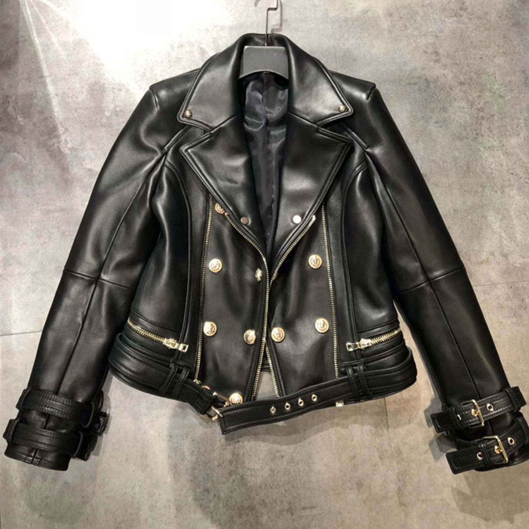 Luxury Brand Design Genuine Leather Jacket Coat Clothing Women Real Sheep Sheepskin European Style Double Breasted Slim Fit Tops