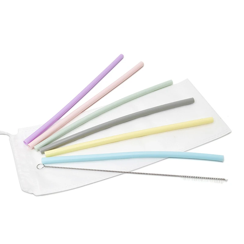 Kitchen Accessory Reusable Silicone Drinking Straws Foldable Flexible Straw with Cleaning Brushes Kids\' Party Supplies Bar Tools