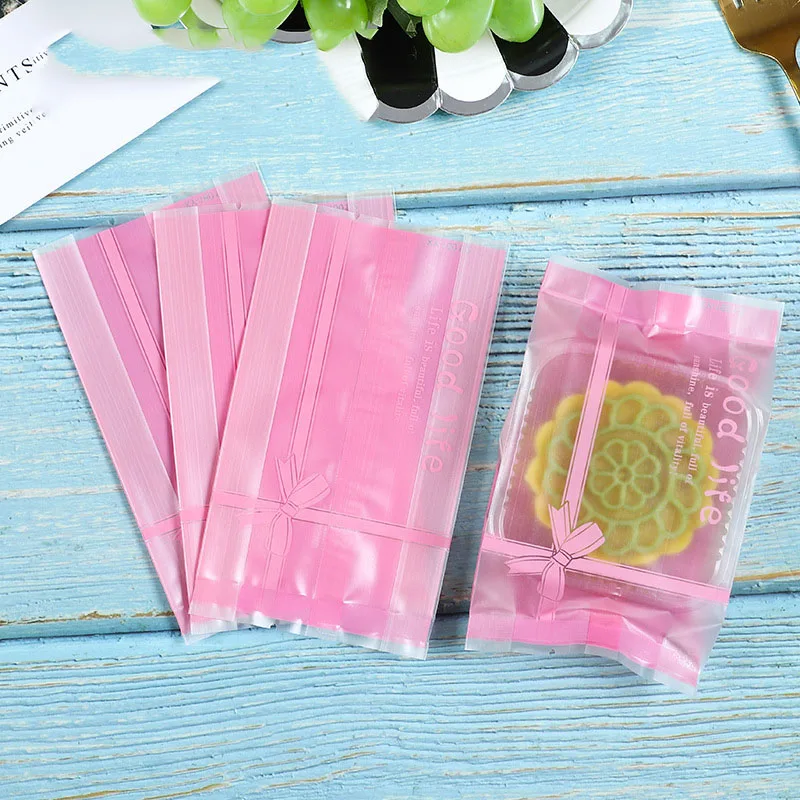 100pcs/lot Festival Party Homemade Baking Snacks Packaging Bag Large High Capacity Side Pink Frosted Bowknot Good Life Food Wrap