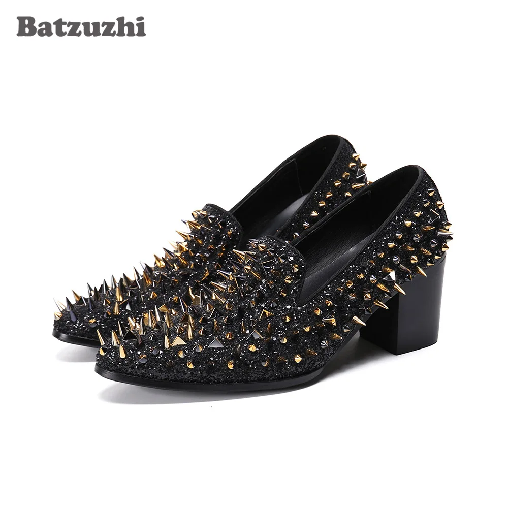 

Batzuzhi New 6.5CM High Heels Men Shoes Pointed Toe Black Rivets Dress Shoes Men for Men's Party and Wedding Footwear,Big US6-12