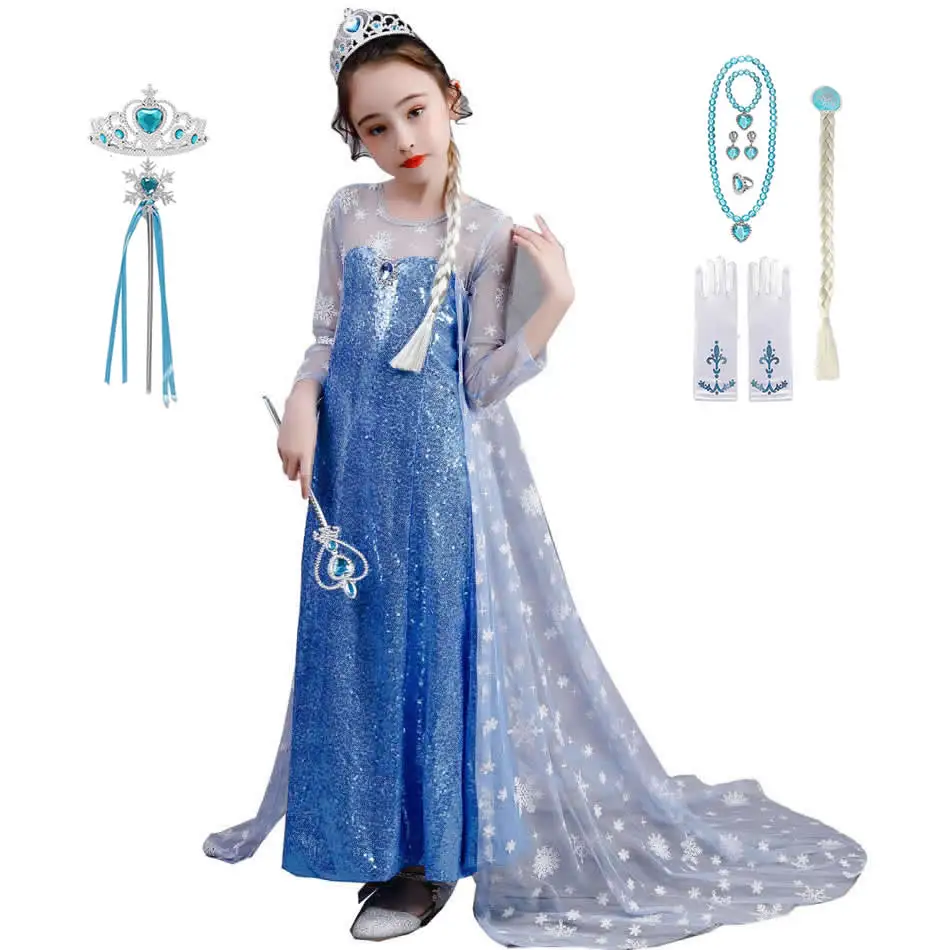 

Princess Costumes For Girls Kids Elsa Halloween Party Fancy Gown Blue Sequin Long Sleeves Dress With Snowflake Tulle Cloak 2-10T