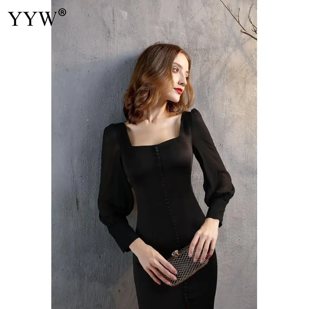 New Vintage Black Short Evening Dresss Side Slit Women Sexy Long Sleeve Solid Bodycon Short Party Dresses Femme Vestidos