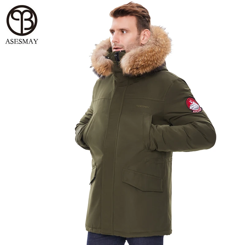 Chaqueta larga de piel de mapache Natural para hombre, parka gruesa con capucha, de marca, de invierno, 2024