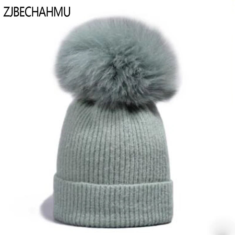 

ZJBECHAHMU Fashion New Fox Fur Mink Pompoms 15cm Hats For Women Children Casual Winter Hat Wool Warm Skullies Beanies Hats