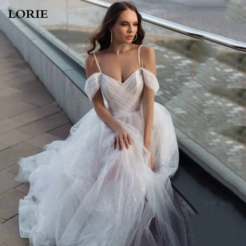 LORIE عاجي لامعة أميرة فساتين زفاف تولّ لامع مثير السباغيتي حزام بوهو العروس فساتين Vestidos دي نوفيا ثوب زفاف