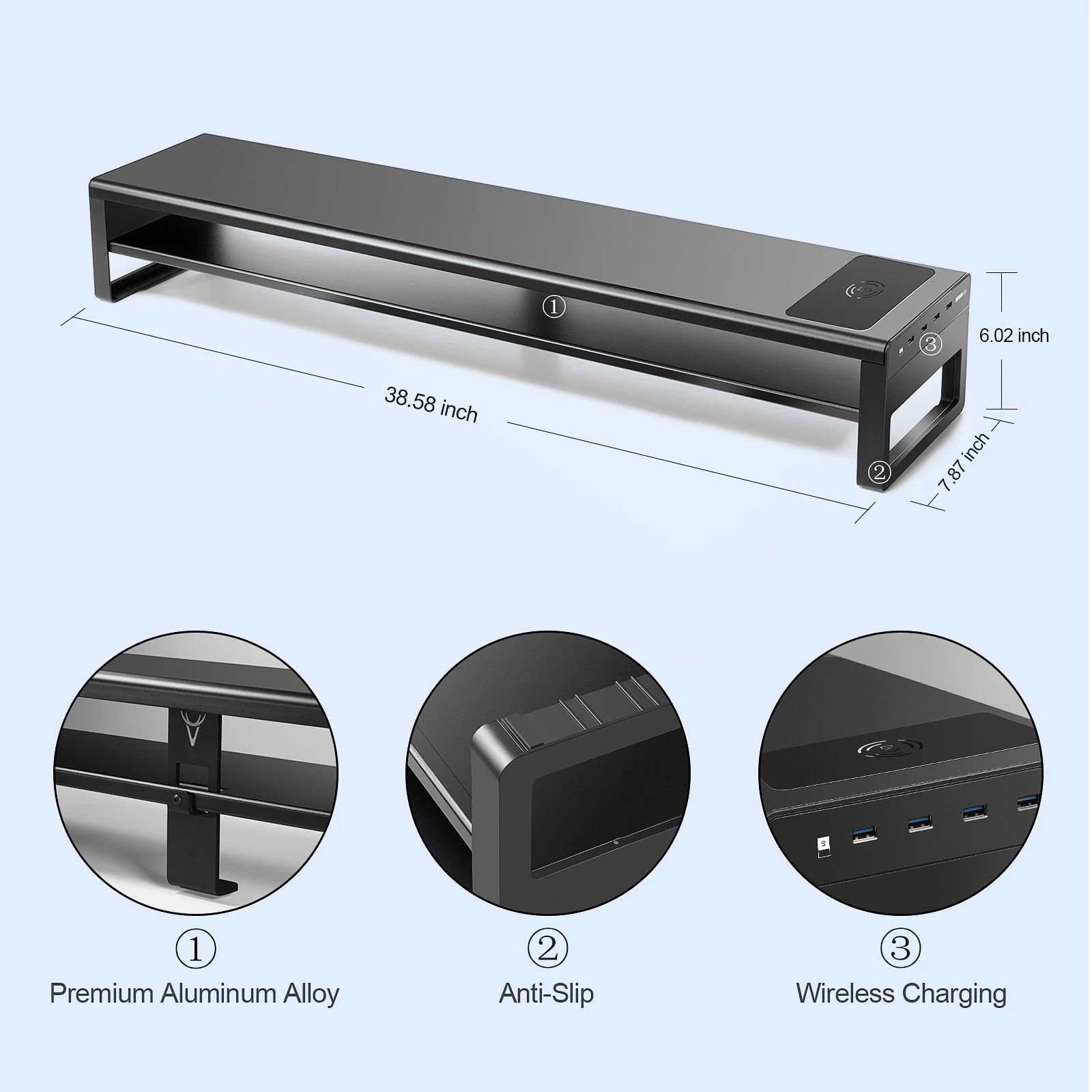 Suporte duplo para monitor, alumínio, carregamento sem fio, 4 portas USB 3.0 Hub para computador e TV, economia de espaço, 2 Tiers