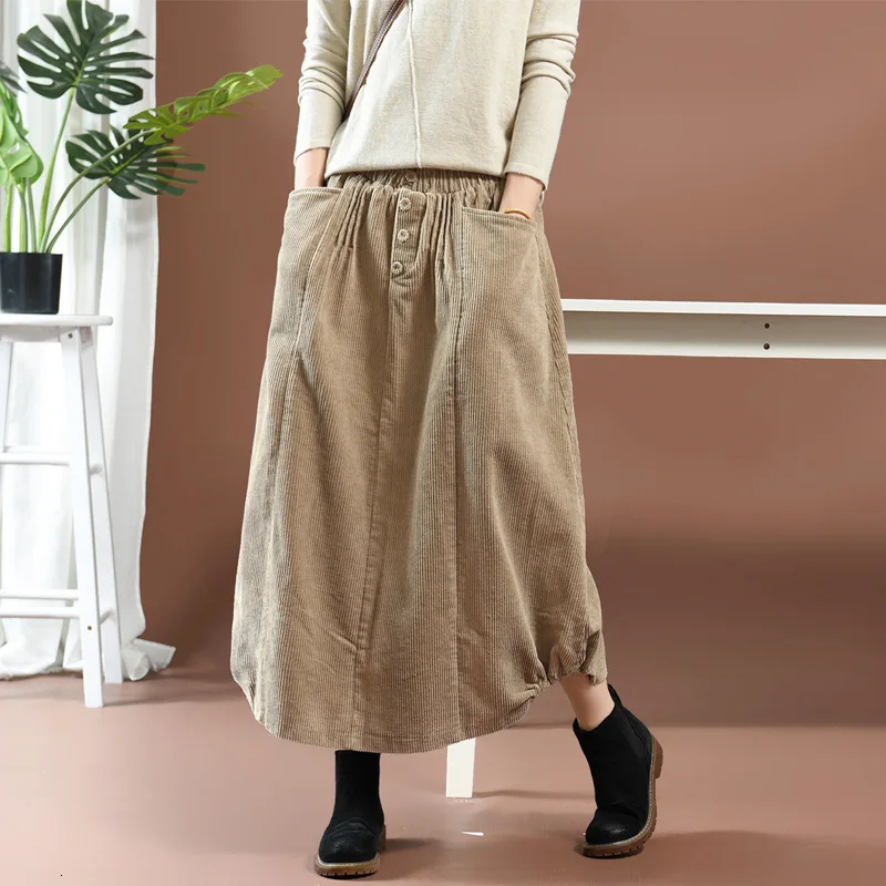 NINI WONDERLAND Autumn Classic Corduroy Skirt Women Vintage Long Skirts 2021 Spring Female Elastic Waist A-line Skirt Big Size