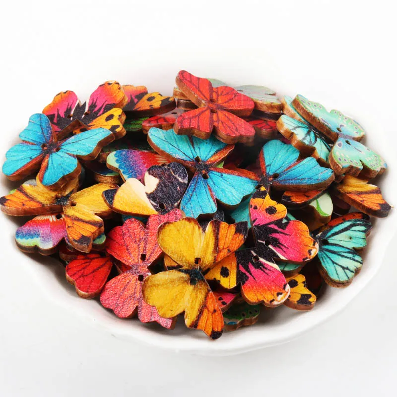 Wooden Mixed Color Butterfly Shape Buttons 2 Holes Handmade Clothing Sewing Scrapbooking Crafts DIY 28x20mm 30pcs