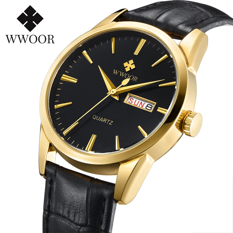 WWOOR New Watch Men Top Brand Luxury Men\'s Gold Black Quartz Watches Waterproof Date Leather Casual Classic Wrist Watch Male Box