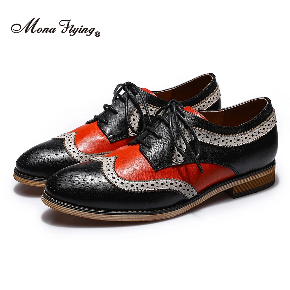 Mona Flying Women's Leather Multi-Color Wingtip Oxfords Brogue Derby Comfort Handmade Lace-up Casual Flats Ladies Shoes B098-01