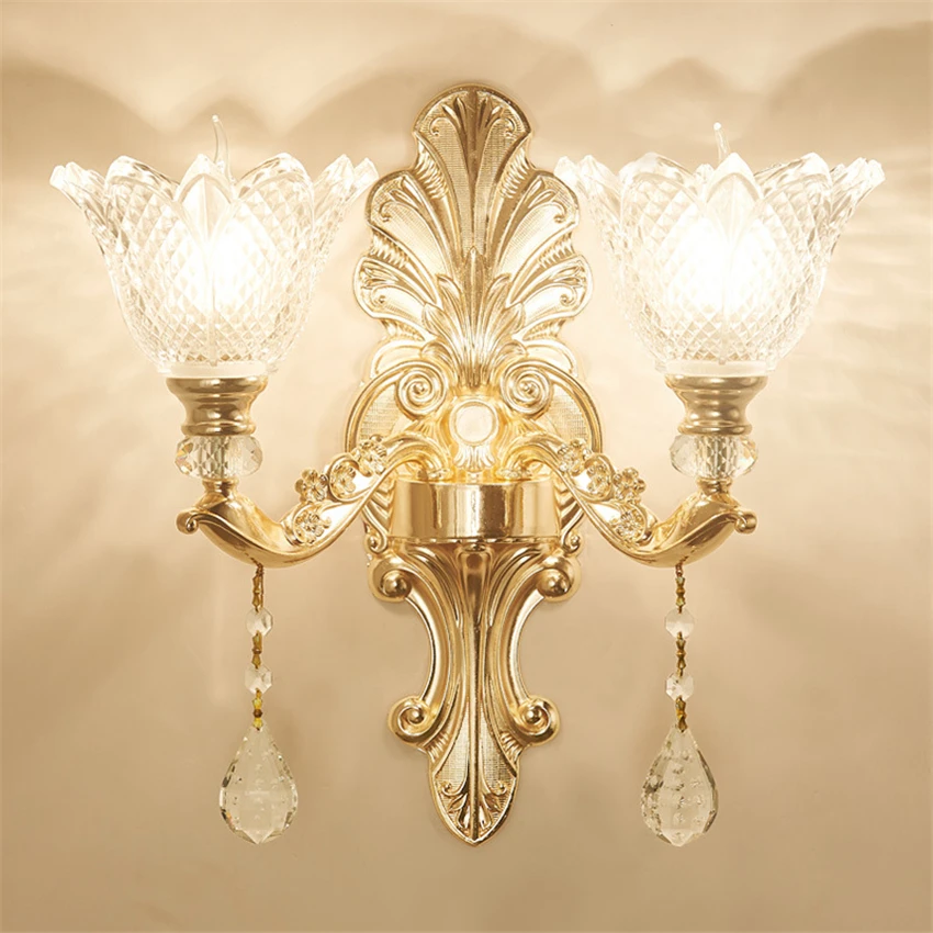 

European crystal gold wall lamps bathroom corridor living room bedroom alloy study aisle decorative sconces lights lighting