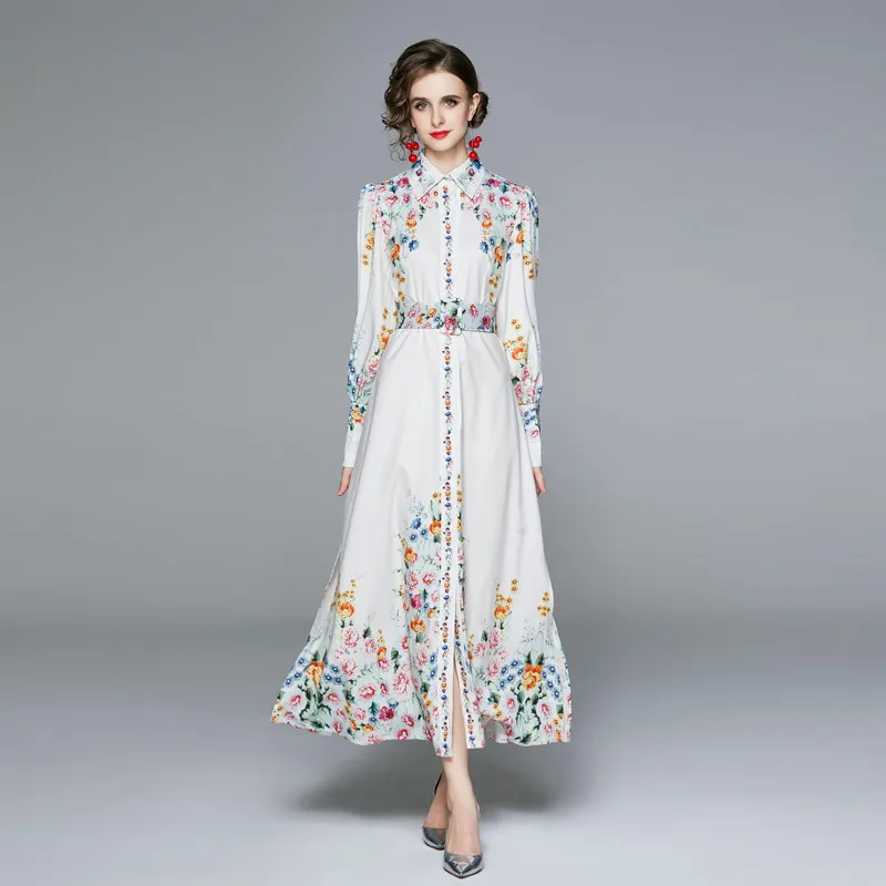 Designer Runway Spring Bohemian Maxi Dress Women's Long Sleeve Single Breasted Vintage Floral Print Elegant Long Dress With Belt