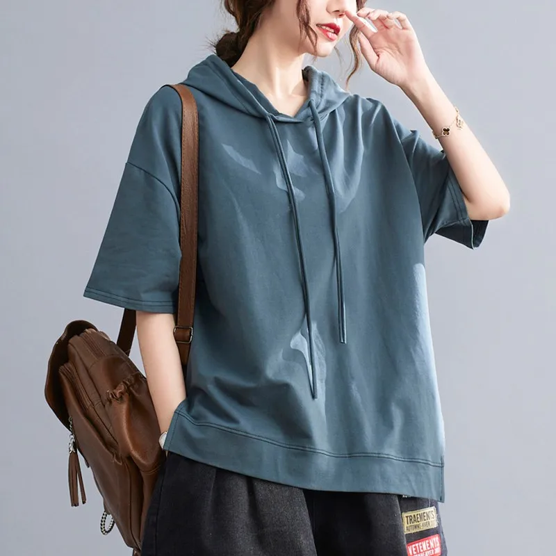 Women Summer Cotton Hooded T-shirts New Arrival 2021 Summer Simple Style Solid Color Loose Female Casual Tops Tees B332