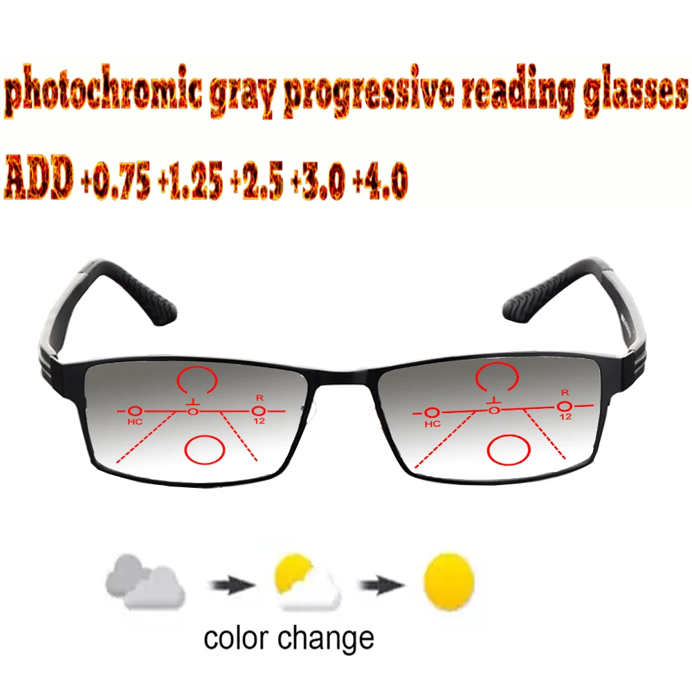 Photochromic Gray Progressive Multifocal Reading Glasses Business Men Women Halfrim Frame +1.0 +1.5 +1.75 +2.0 +2.5 +3 +3.5 +4