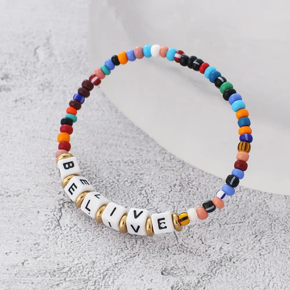 DIY Supply-One Fashion Jewelry Bracelet with Czech Glass and Plastic Letter Beads with Elastic Cord - 54mm (BE178)