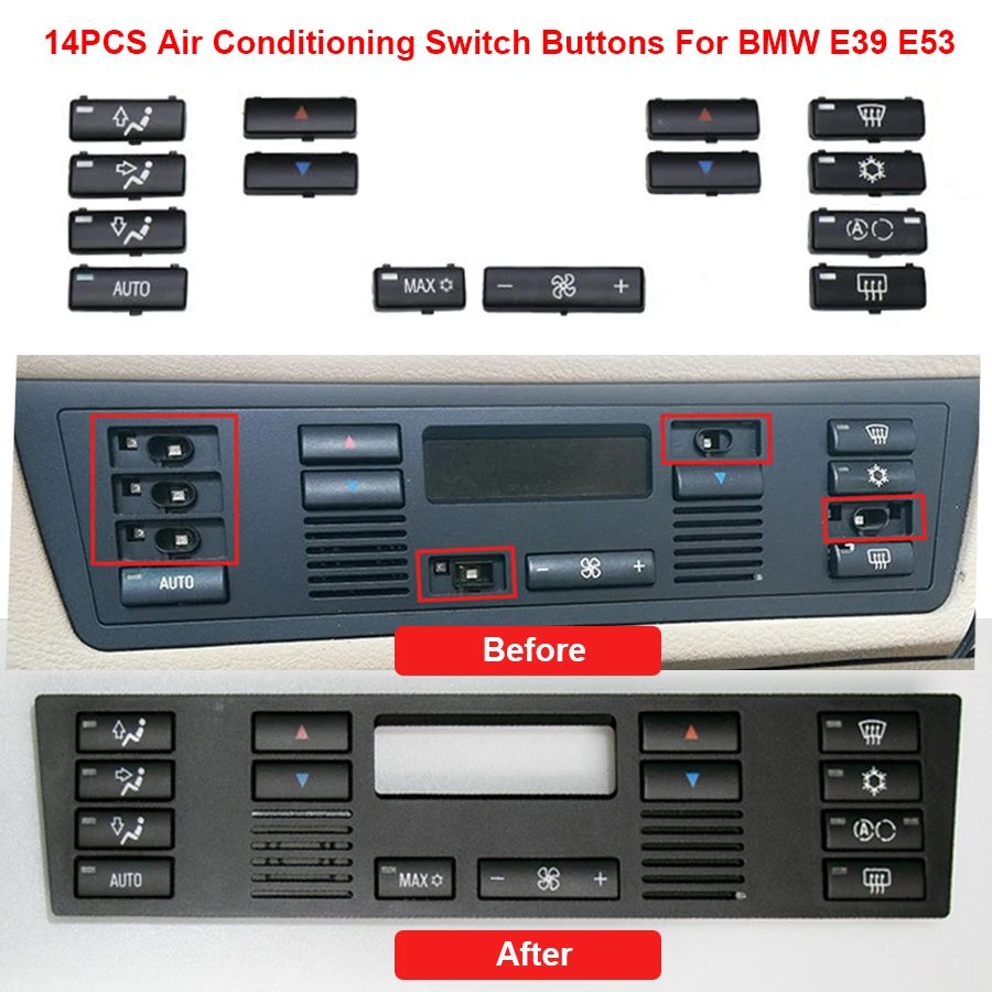 14PCS/Set Car Climate Control Air Conditioning Switch Buttons Cover for BMW X5 E53 1999-2006 E39 1996-2002 64116915812