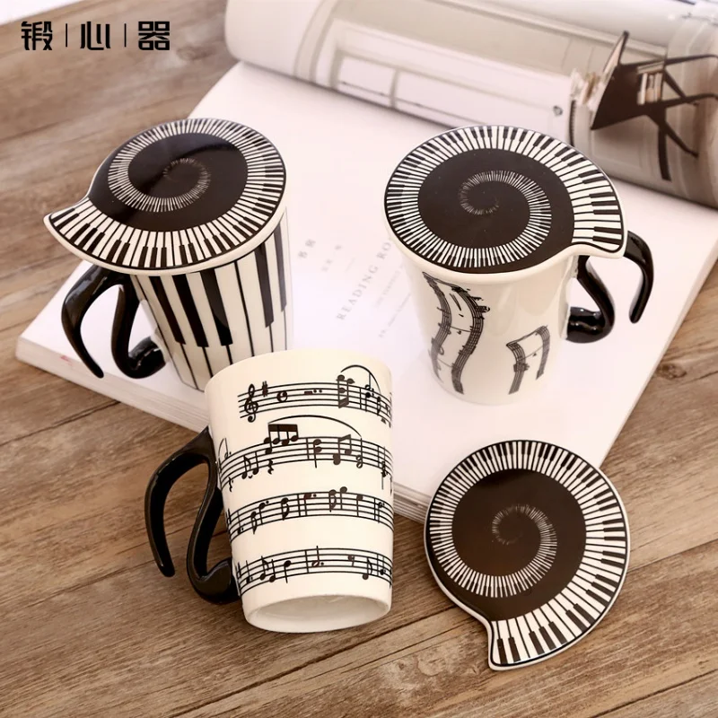 Creative Ceramic Mug with Cup lid Coffee Cup Piano Musical Note Coffee Mugs Tea Cup Porcelain Travel Cup For Milk Mug