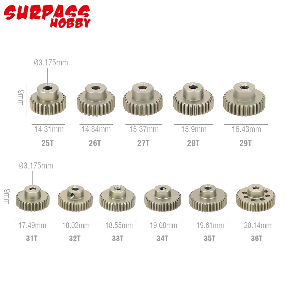 2 sztuk/partia przewyższają hobbystyczne 48DP 13T-48T 3.175mm aluminiowa metalowa zębatka do bezszczotkowego szczotkowanego silnika 1/10 RC Model