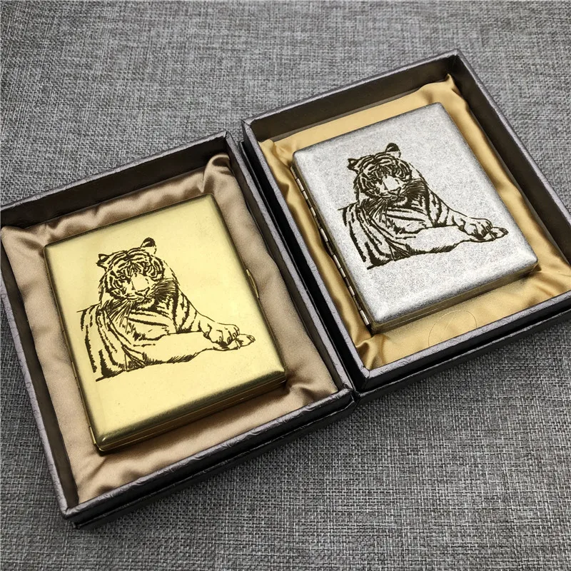 

Brass Cigarette Case Old Silver Color Vintage 20 Cigarette Boxes Smoking Holders Laser Engraved The Tiger Can DIY Patterns