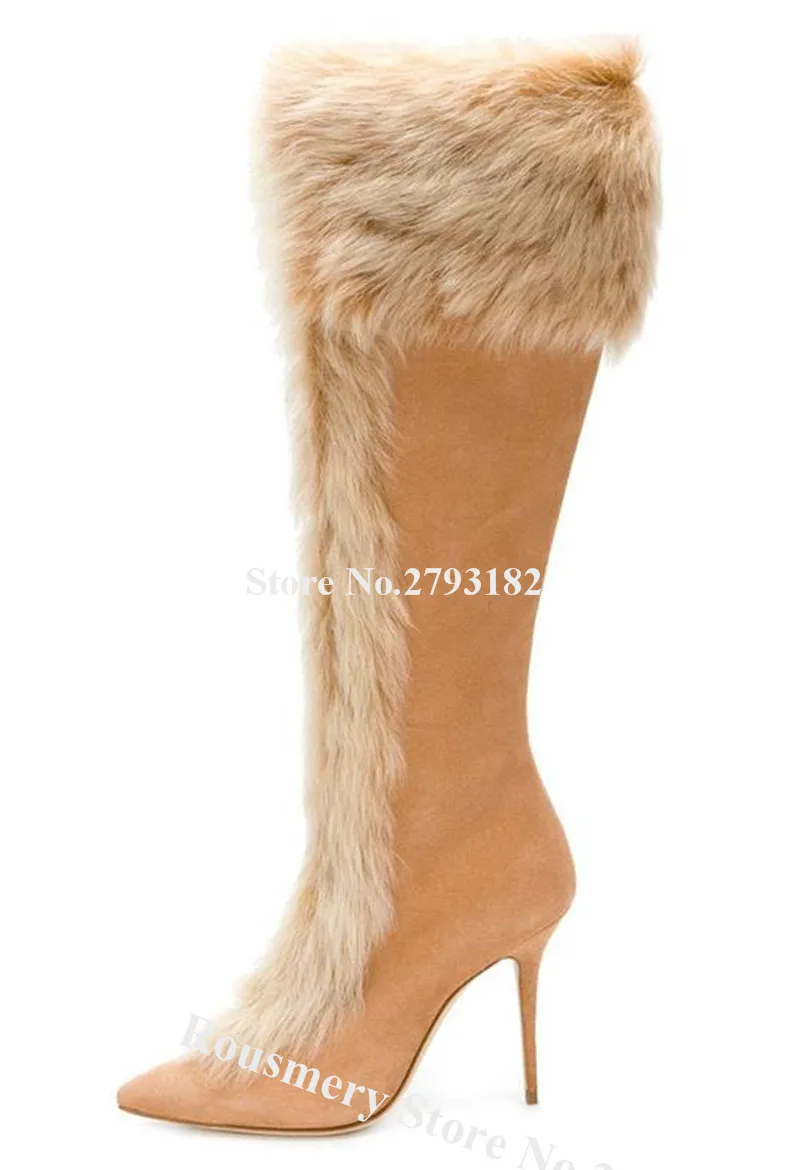 

Fashoion Women Winter Pointed Toe Suede Leather Knee High Fur Boots Brown Beige Warm Stiletto Heel Long Boots Slim Boots