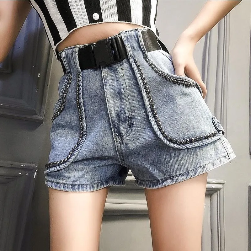 Women\'s High Waist Thin Denim Shorts, Wide Leg Pants, Pearl Decoration, Lady Short, Large Size, Fashion Trend, New, 2023