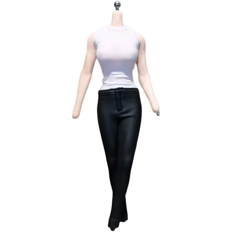 Fashion 1/6 Short Sleeve Round Neck Top T-Shirt Vest Leather Pants Elastic Faux Pencil Pants Model for 12 inches Action Figure