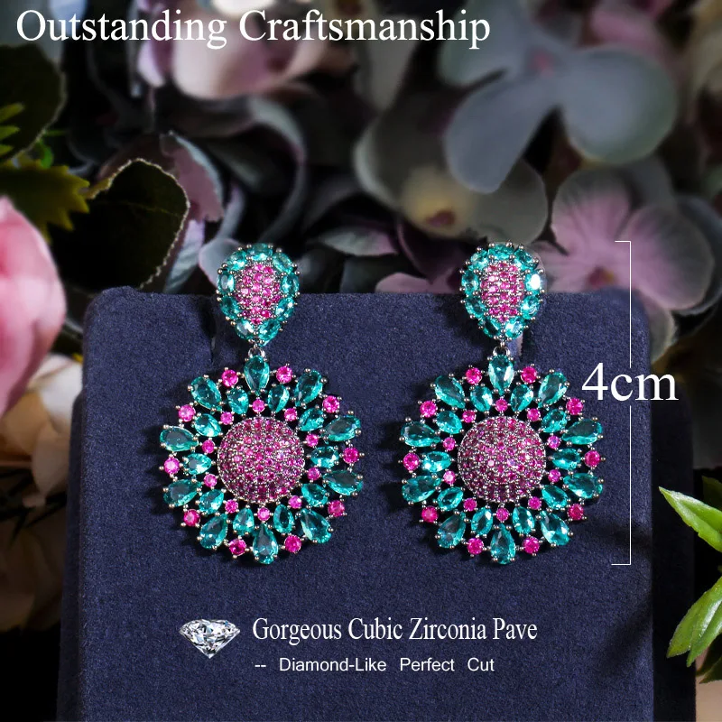 CWWZircons Aesthetic Brazilian Hot Pink and Blue Cubic Zirconia Crystal Big Dangle Drop Flower Party Earrings for Women CZ701