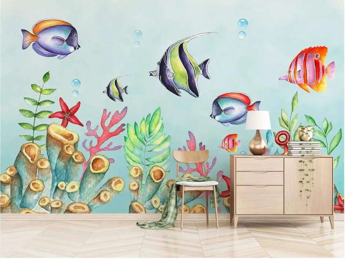 

Watercolor Fish Wallpaper Nordic Mural HD Printed Photo Paper for Kids Bedroom Sea World Canvas Papel De Parede