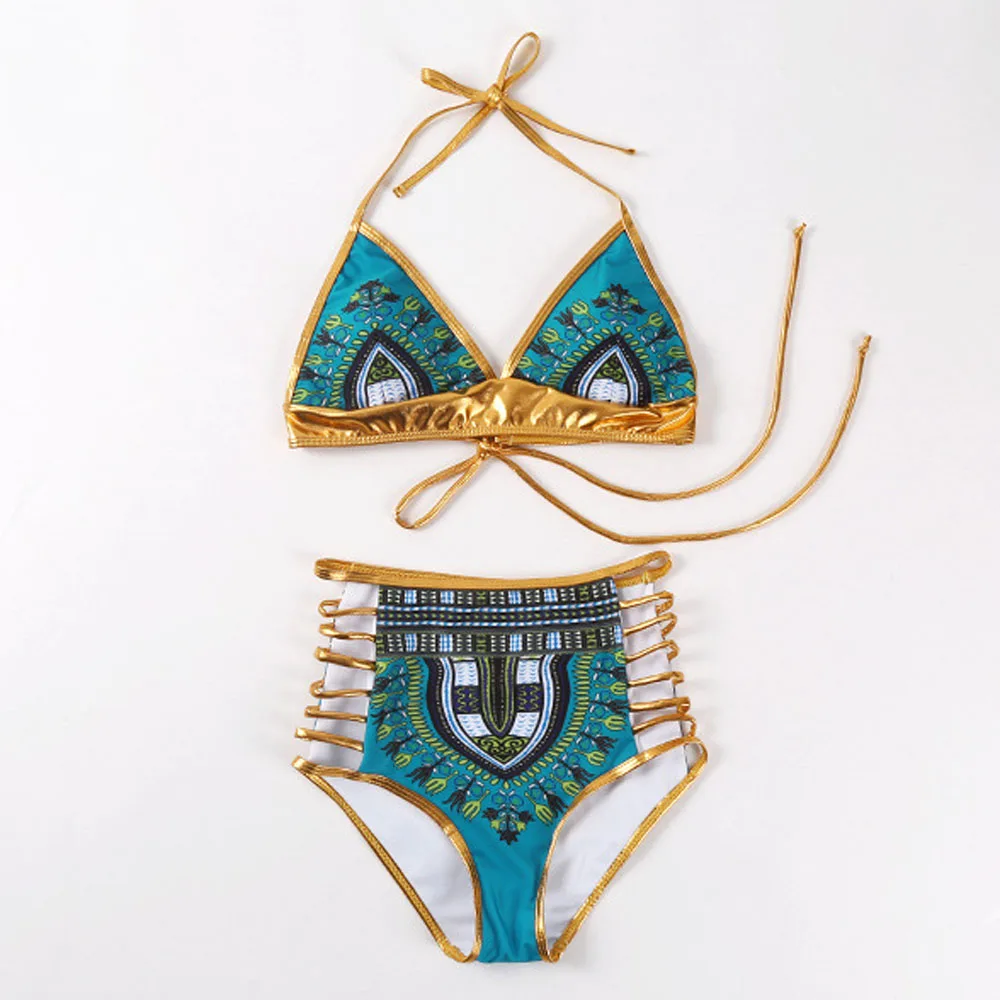 2021New African Print  Bikini Sexy Geometric Swimwear Hollow out Swimsuit Gold High Waist Swimming Suit Two-Pieces Bath Suits