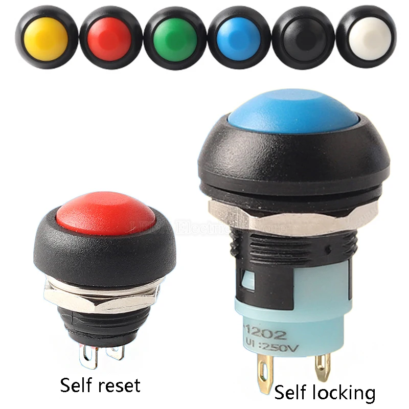 10Pcs PBS-33b PBS-33A 12mm Round Waterproof Momentary / Self Locking Push Button Switch Black/Red/Green/Yellow/Blue