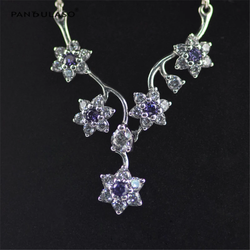 Forget Me Not Purple Clear CZ Necklace & Pendant 925 Sterling Silver Jewelry Necklace For Woman Elegant Fashion Jewelry