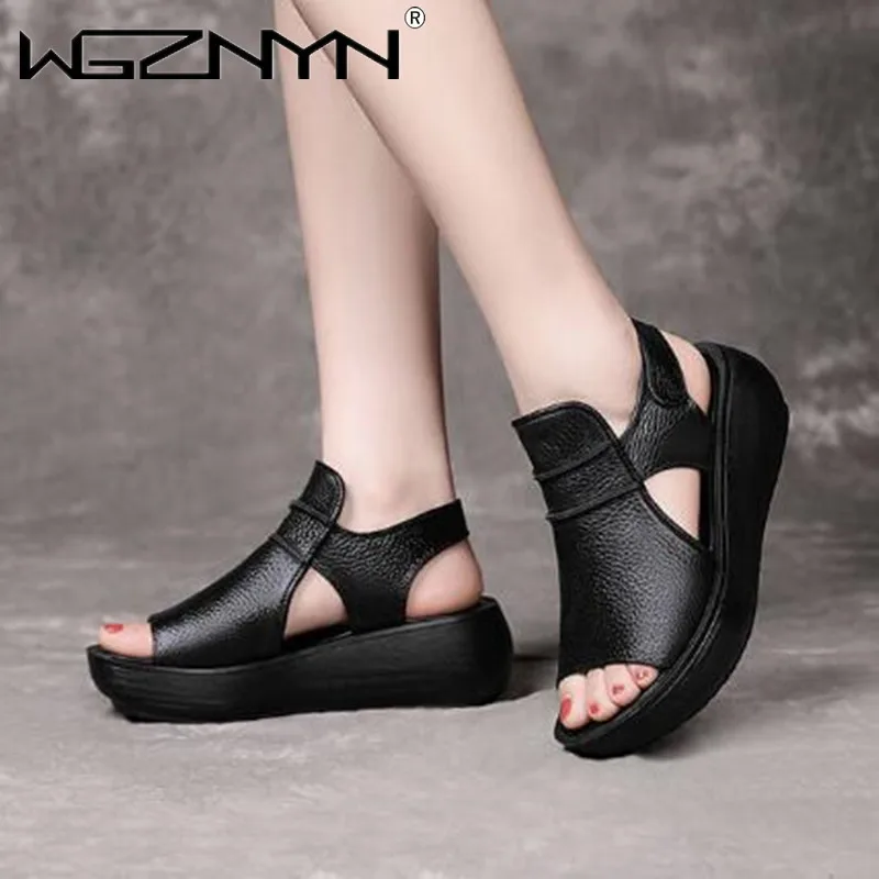 Summer Thick Bottom High Heel Flat Platform Sandals for Women Genuine Leather Fashion Wedges Peep Toe Women Sandals Fashion Shoe