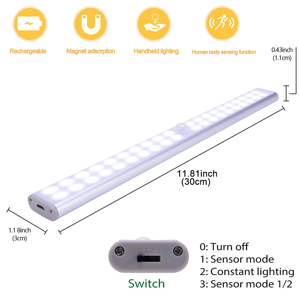 LED Wardrobe Corridor Basement Light USB PIR motion sensor LED Cabinet Night Light Rechargeable Closet Kitchen Light D30