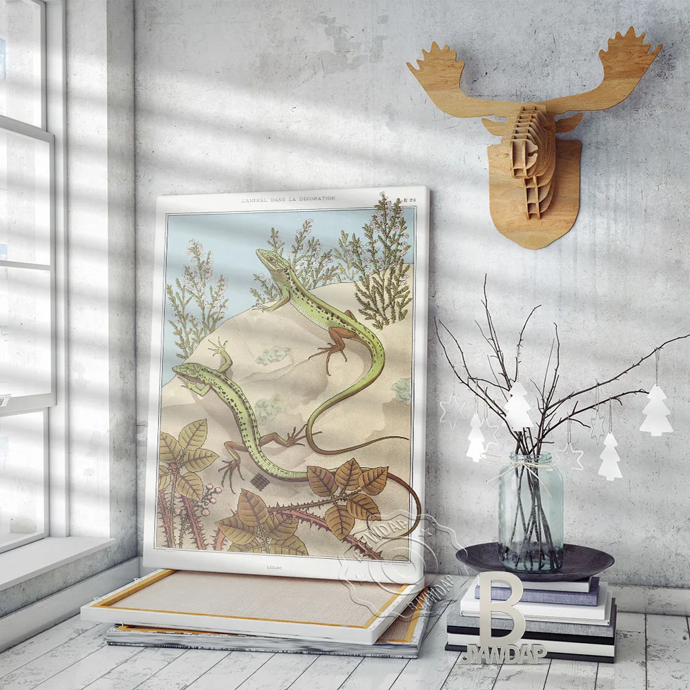 Two Green Geckos Desert Poster, Modern Art Handmade Cute Reptile Gecko Picture, Cartoon Animal Wall Art Home Kids Room Decor