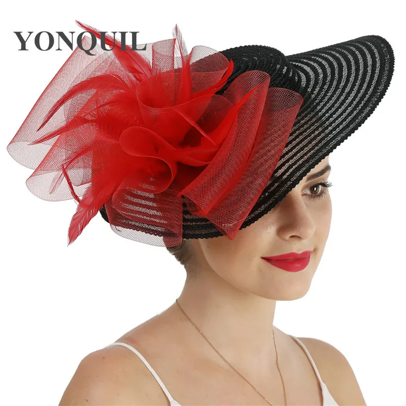 

Bride Mesh Big Fascinator Red Bow Hair Accessories Elegant Women Church Wedding Chapeau Cap With Hairpin Party Wedding Headwear