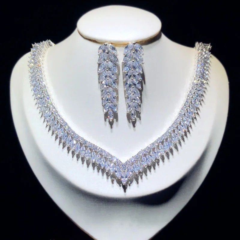 Fine Jewelry Sets For Women Sterling S925 Cubic Zirconia Leaves Bridal Drop Earrings Necklaces Pendants Set High Quality
